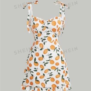 SHEIN orange Fruit Print Tie Shoulder Frill Trim Dress